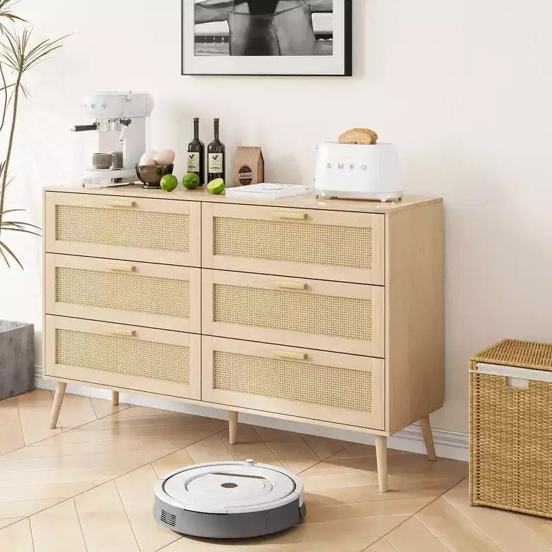 Cassettiera CLIHOME Rattan a 6 cassetti per camera da letto, cassettiera moderna a 6 cassetti, mobiletto con cassetti in rattan e maniglie in legno