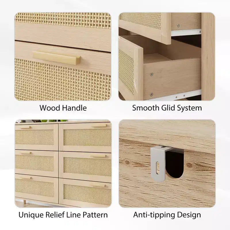 Cassettiera CLIHOME Rattan a 6 cassetti per camera da letto, cassettiera moderna a 6 cassetti, mobiletto con cassetti in rattan e maniglie in legno