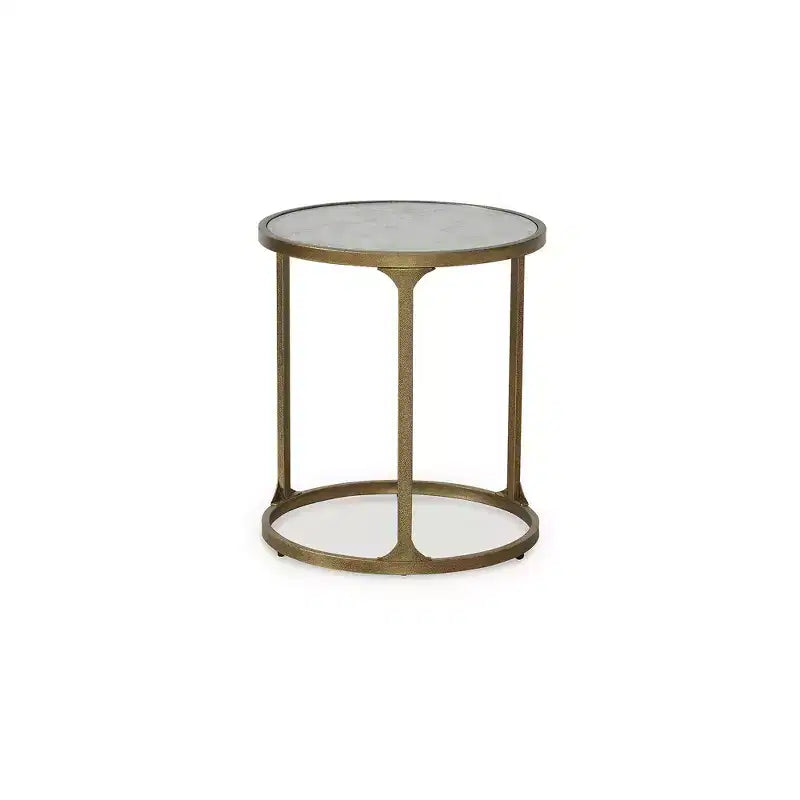 Tavolino rotondo Korajane di Signature Design by Ashley – Struttura in metallo dorato antico con ripiano in vetro effetto marmo