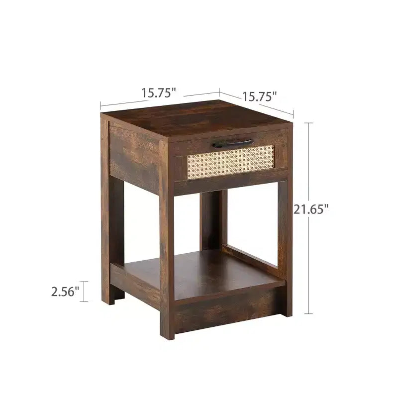 Comodino rustico in rattan con cassetto e ripiano aperto, tavolino da notte per camera da letto