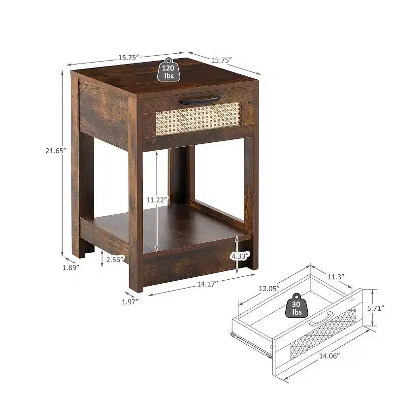 Comodino rustico in rattan con cassetto e ripiano aperto, tavolino da notte per camera da letto