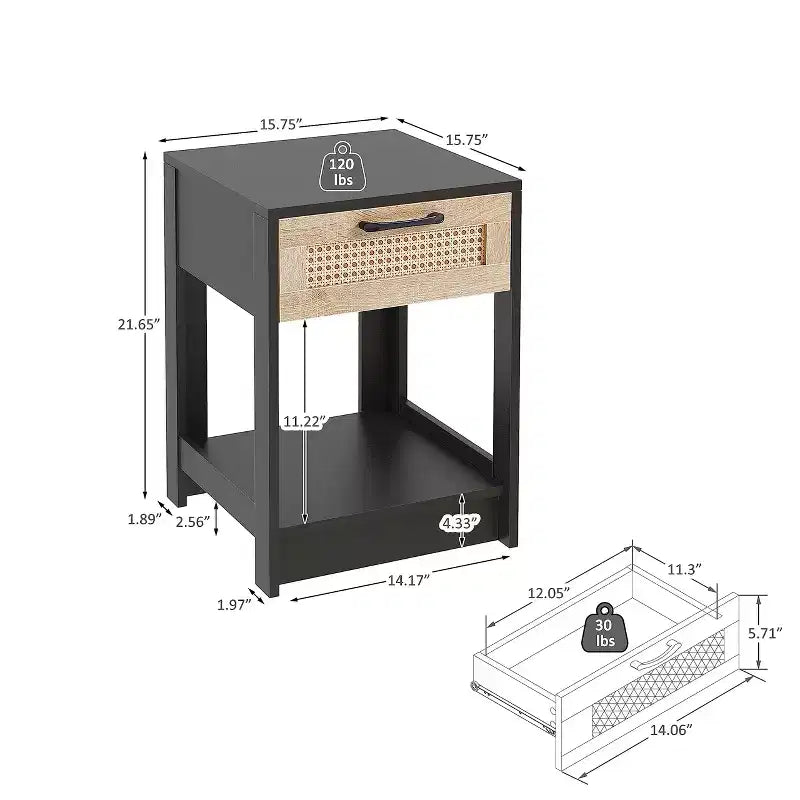 Comodino rustico in rattan con cassetto e ripiano aperto, tavolino da notte per camera da letto