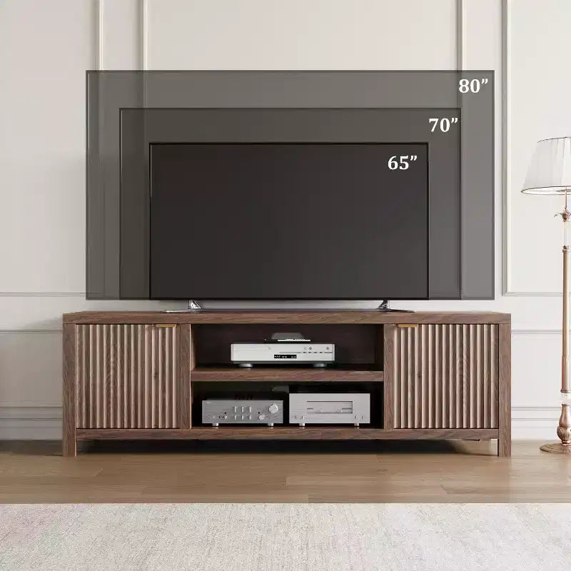 Mobile TV a listelle per TV fino a 80 pollici, mobile multimediale moderno con vano portaoggetti nascosto e maniglie dorate