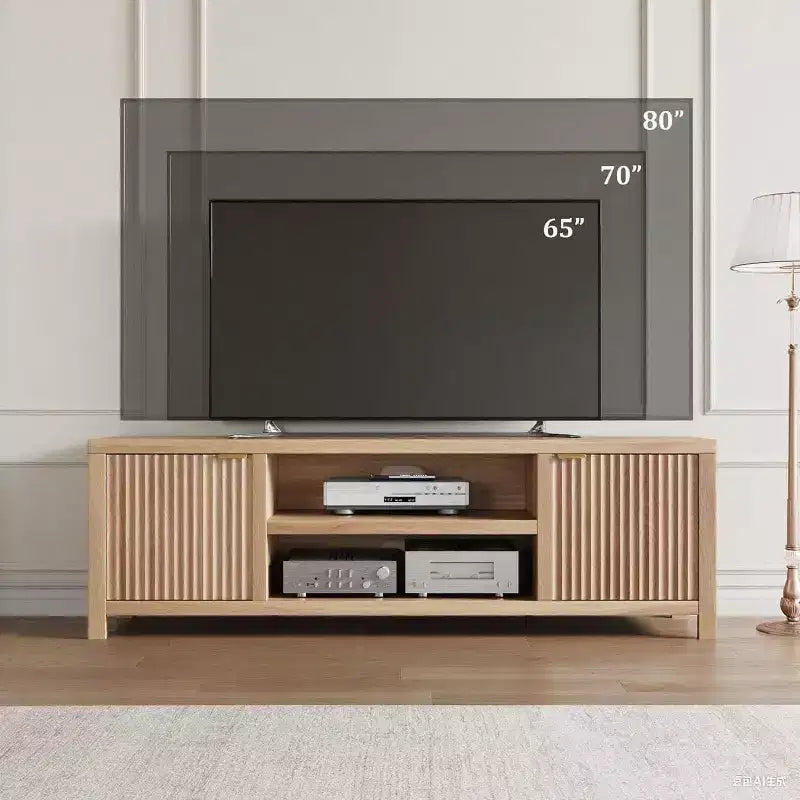 Mobile TV a listelle per TV fino a 80 pollici, mobile multimediale moderno con vano portaoggetti nascosto e maniglie dorate