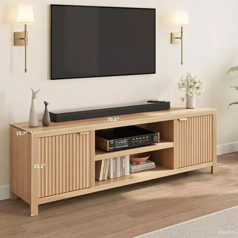 Mobile TV a listelle per TV fino a 80 pollici, mobile multimediale moderno con vano portaoggetti nascosto e maniglie dorate
