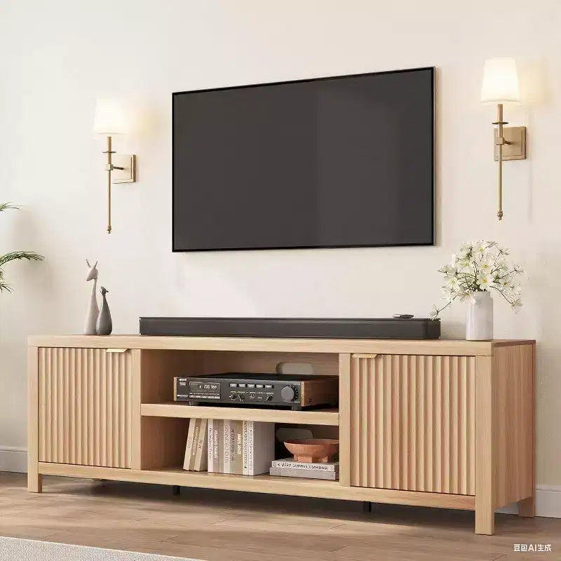Mobile TV a listelle per TV fino a 80 pollici, mobile multimediale moderno con vano portaoggetti nascosto e maniglie dorate
