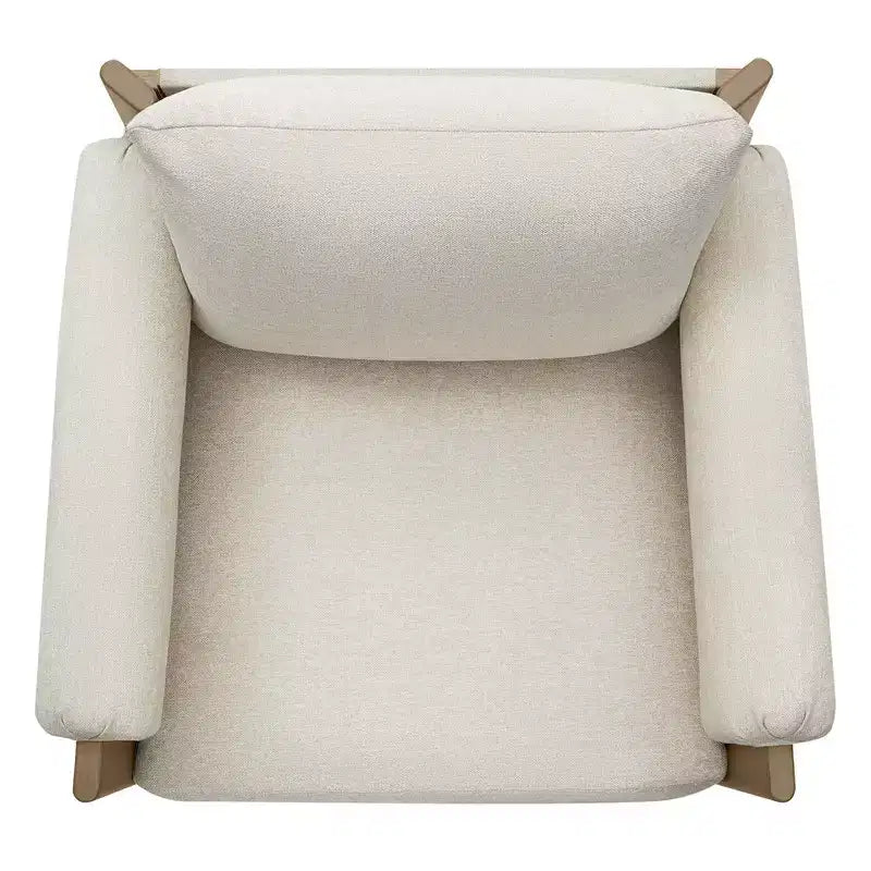 Poltrona d'accento imbottita Mid-Century con gambe in legno massello di Hevea, tessuto in lino, grigio tenue
