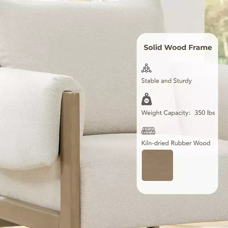 Poltrona d'accento imbottita Mid-Century con gambe in legno massello di Hevea, tessuto in lino, grigio tenue