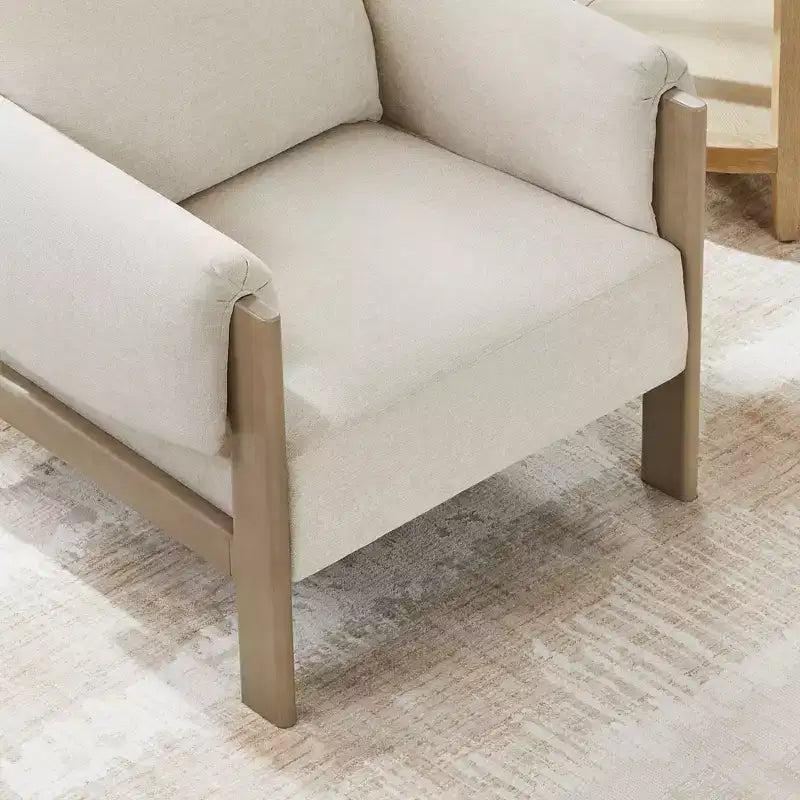 Poltrona d'accento imbottita Mid-Century con gambe in legno massello di Hevea, tessuto in lino, grigio tenue