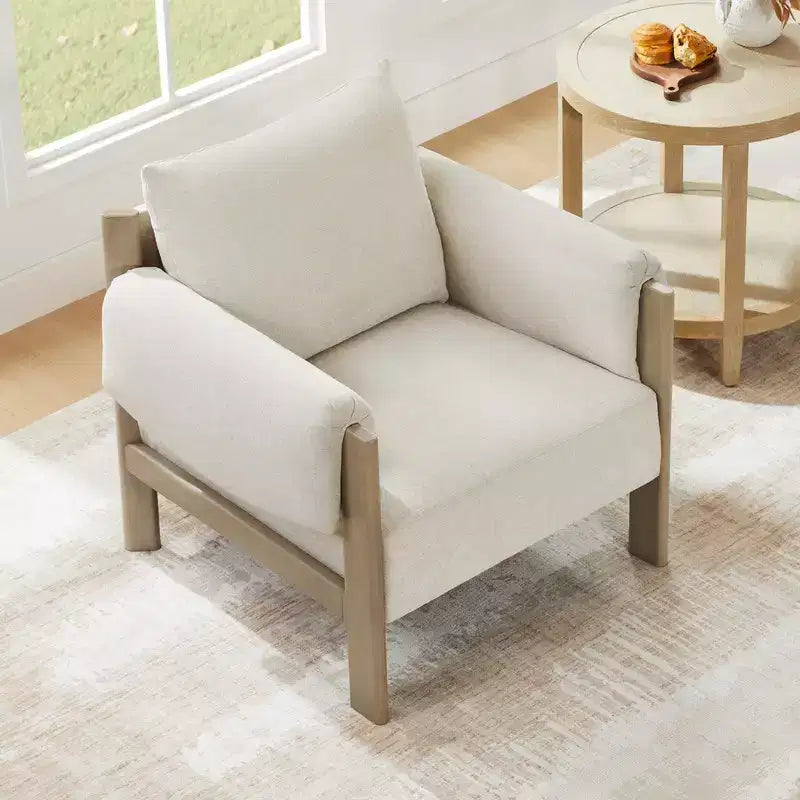 Poltrona d'accento imbottita Mid-Century con gambe in legno massello di Hevea, tessuto in lino, grigio tenue