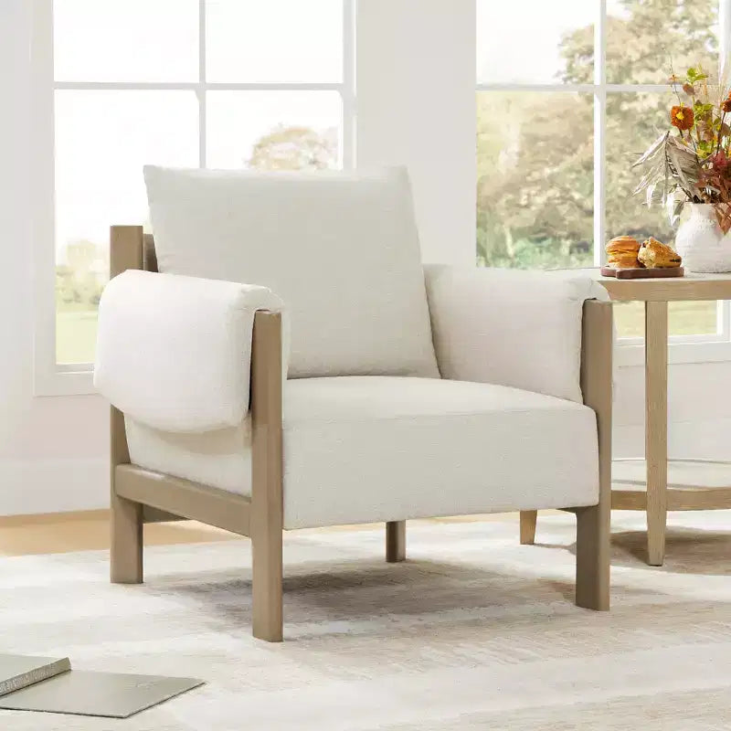 Poltrona d'accento imbottita Mid-Century con gambe in legno massello di Hevea, tessuto in lino, grigio tenue