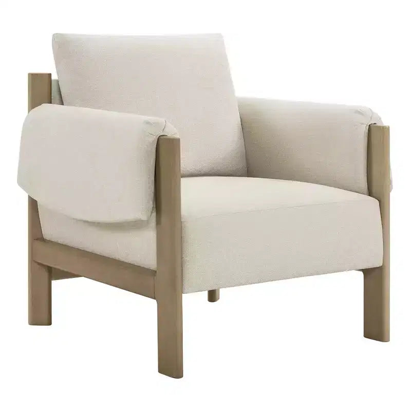 Poltrona d'accento imbottita Mid-Century con gambe in legno massello di Hevea, tessuto in lino, grigio tenue
