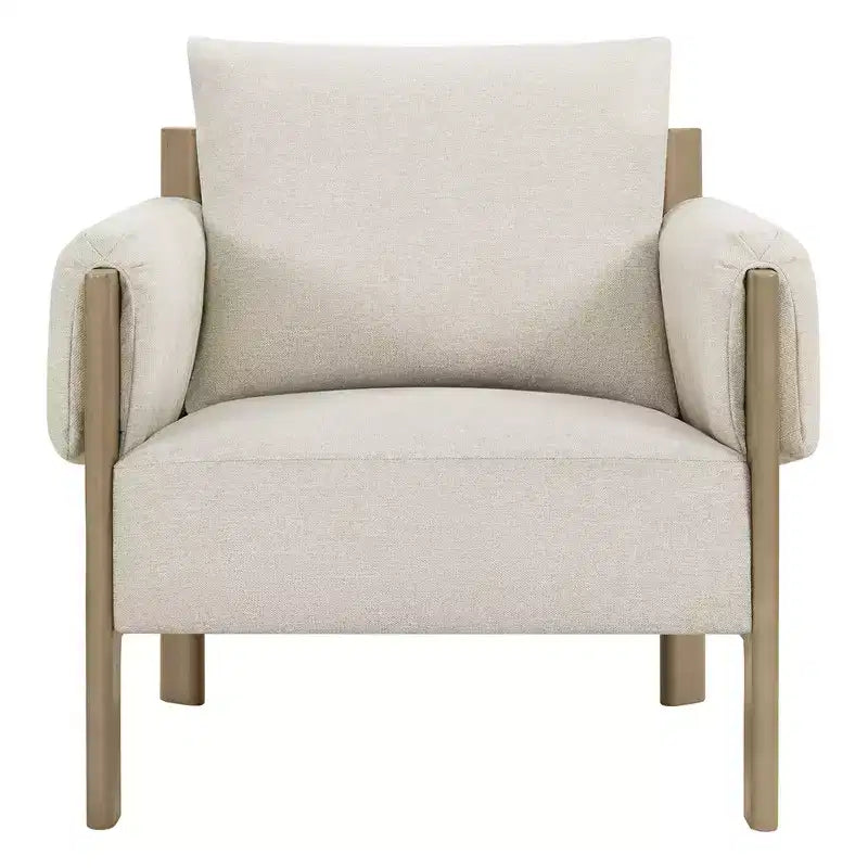 Poltrona d'accento imbottita Mid-Century con gambe in legno massello di Hevea, tessuto in lino, grigio tenue