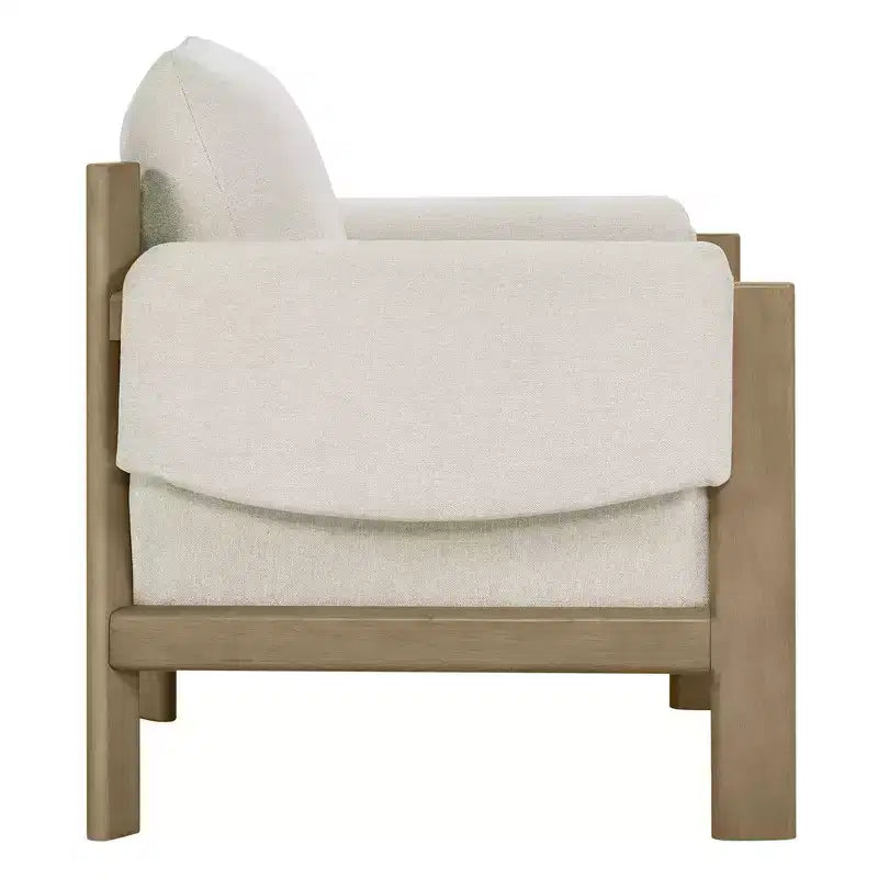 Poltrona d'accento imbottita Mid-Century con gambe in legno massello di Hevea, tessuto in lino, grigio tenue