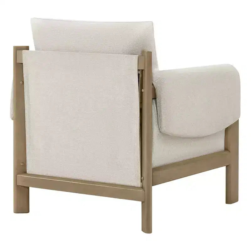 Poltrona d'accento imbottita Mid-Century con gambe in legno massello di Hevea, tessuto in lino, grigio tenue