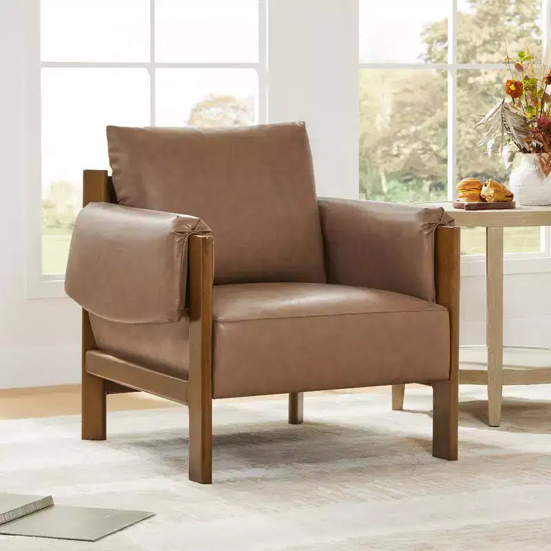 Poltrona d'accento imbottita Mid-Century con gambe in legno massello di Hevea, tessuto in lino, grigio tenue