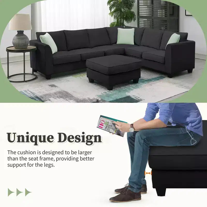 Moderno Divano Sezionale Modulare a L a 7 Posti con Pouf e 3 Cuscini, 112''x87''