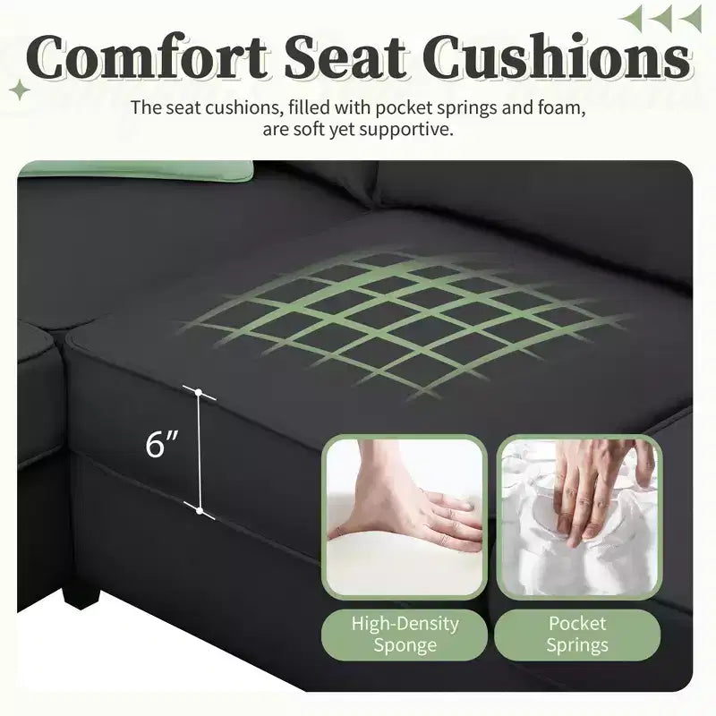 Moderno Divano Sezionale Modulare a L a 7 Posti con Pouf e 3 Cuscini, 112''x87''