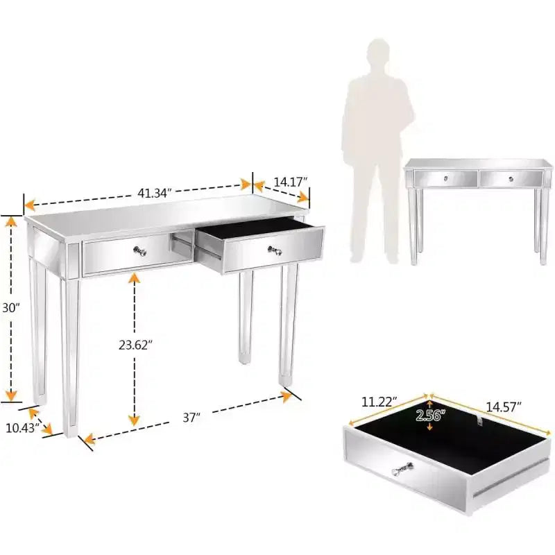 Scrivania per Computer in Specchio Argentato con Due Cassetti, 105 x 36 x 76 cm, Stile Moderno