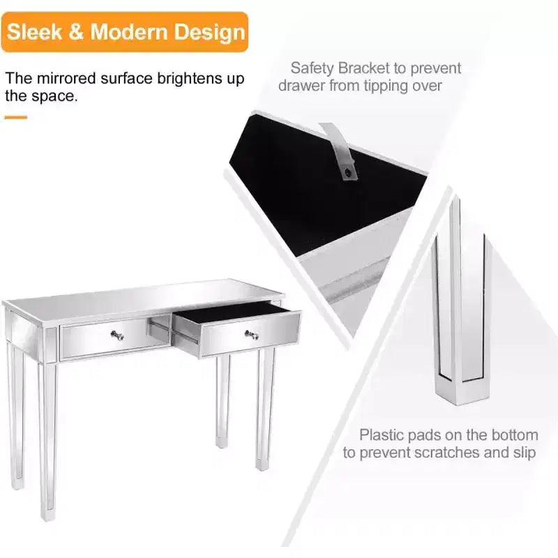 Scrivania per Computer in Specchio Argentato con Due Cassetti, 105 x 36 x 76 cm, Stile Moderno