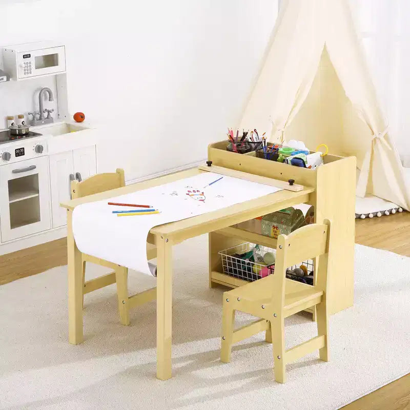 Set Tavolo e Sedie per Bambini, Tavolo Attività Artigianali per Bambini con Rullo di Carta e Contenitore, Mobili per Asilo Nido, Cameretta, Scuola Materna
