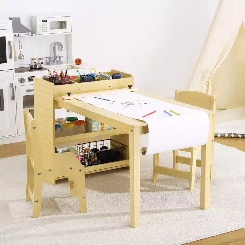 Set Tavolo e Sedie per Bambini, Tavolo Attività Artigianali per Bambini con Rullo di Carta e Contenitore, Mobili per Asilo Nido, Cameretta, Scuola Materna