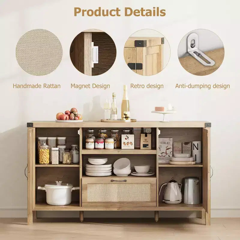 59 Mobile Buffet Credenza in Rattan con Cassetto, Mobile Bar Coloniale per Soggiorno e Cucina