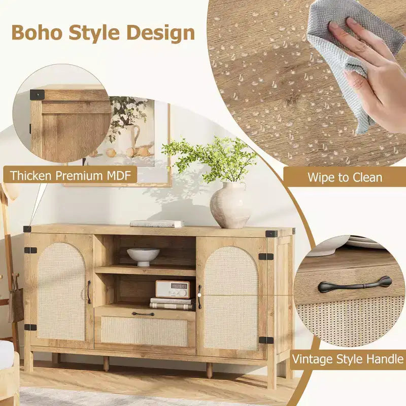 59 Mobile Buffet Credenza in Rattan con Cassetto, Mobile Bar Coloniale per Soggiorno e Cucina