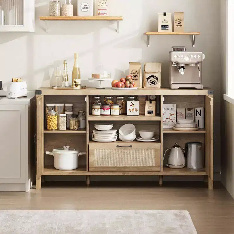 59 Mobile Buffet Credenza in Rattan con Cassetto, Mobile Bar Coloniale per Soggiorno e Cucina