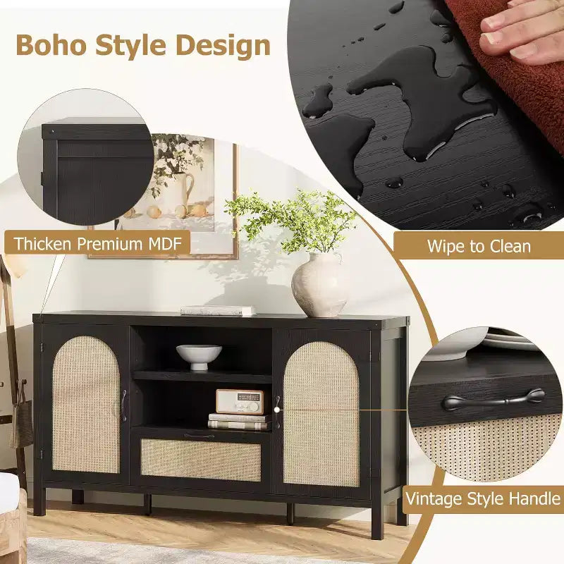 59 Mobile Buffet Credenza in Rattan con Cassetto, Mobile Bar Coloniale per Soggiorno e Cucina