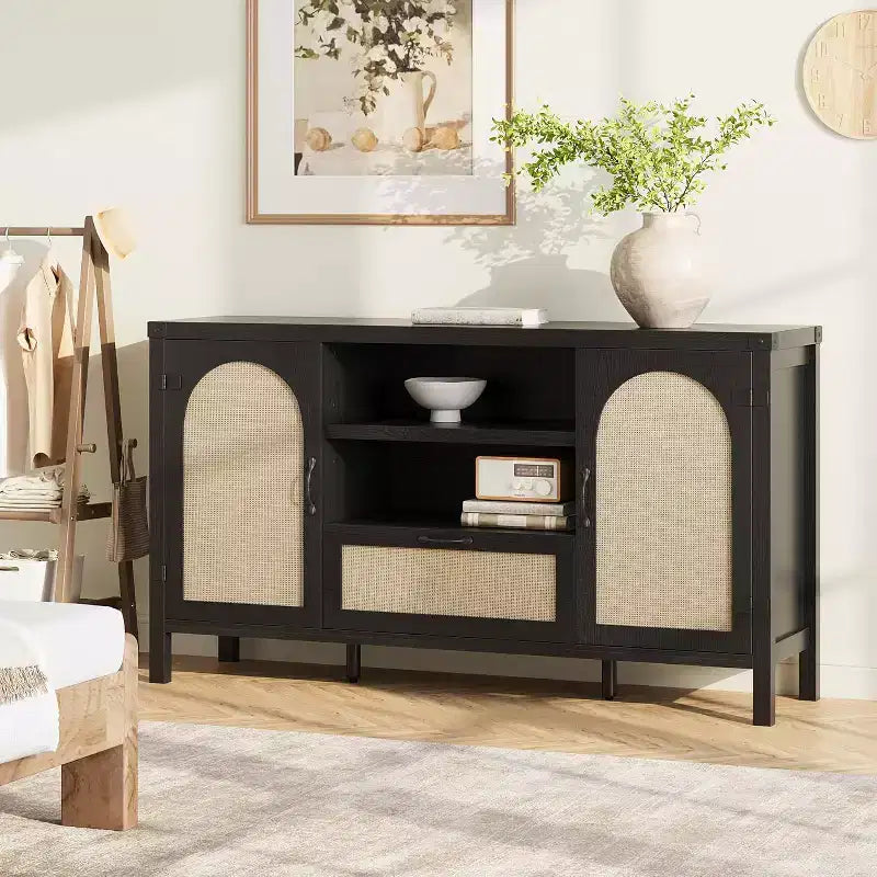 59 Mobile Buffet Credenza in Rattan con Cassetto, Mobile Bar Coloniale per Soggiorno e Cucina