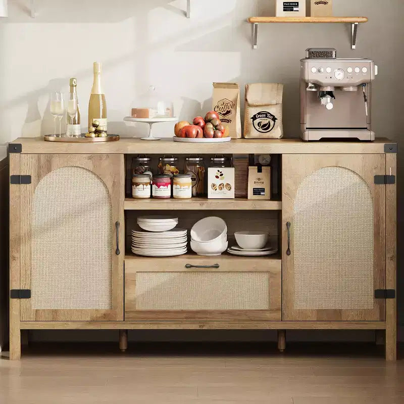 59 Mobile Buffet Credenza in Rattan con Cassetto, Mobile Bar Coloniale per Soggiorno e Cucina