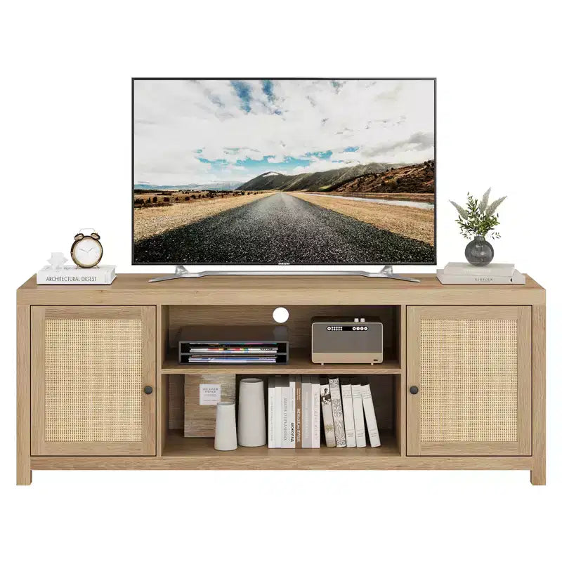 Mobile TV Boho con 2 ante in rattan per TV da 65–75 pollici, console multimediale da 58 o 66 pollici
