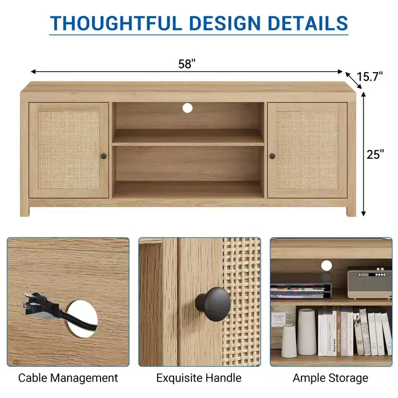 Mobile TV Boho con 2 ante in rattan per TV da 65–75 pollici, console multimediale da 58 o 66 pollici