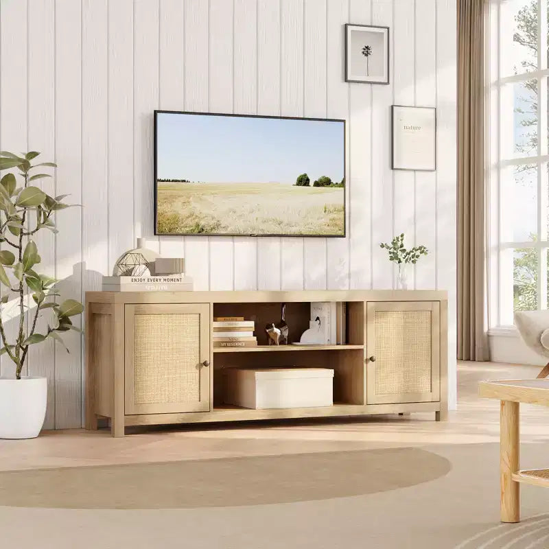 Mobile TV Boho con 2 ante in rattan per TV da 65–75 pollici, console multimediale da 58 o 66 pollici