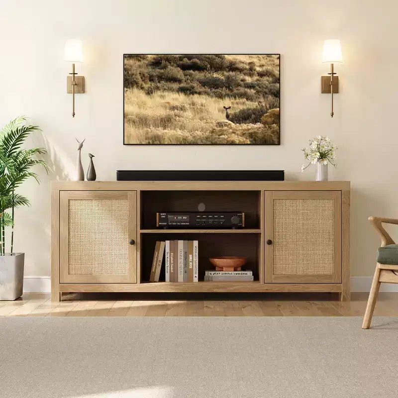 Mobile TV Boho con 2 ante in rattan per TV da 65–75 pollici, console multimediale da 58 o 66 pollici