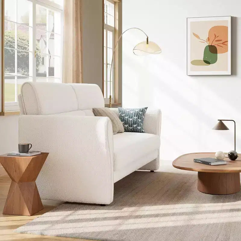 Divanetto moderno imbottito in Boucle da 57 pollici con cuscino lombare, divano a 2 posti con seduta profonda per piccoli spazi e appartamenti, beige