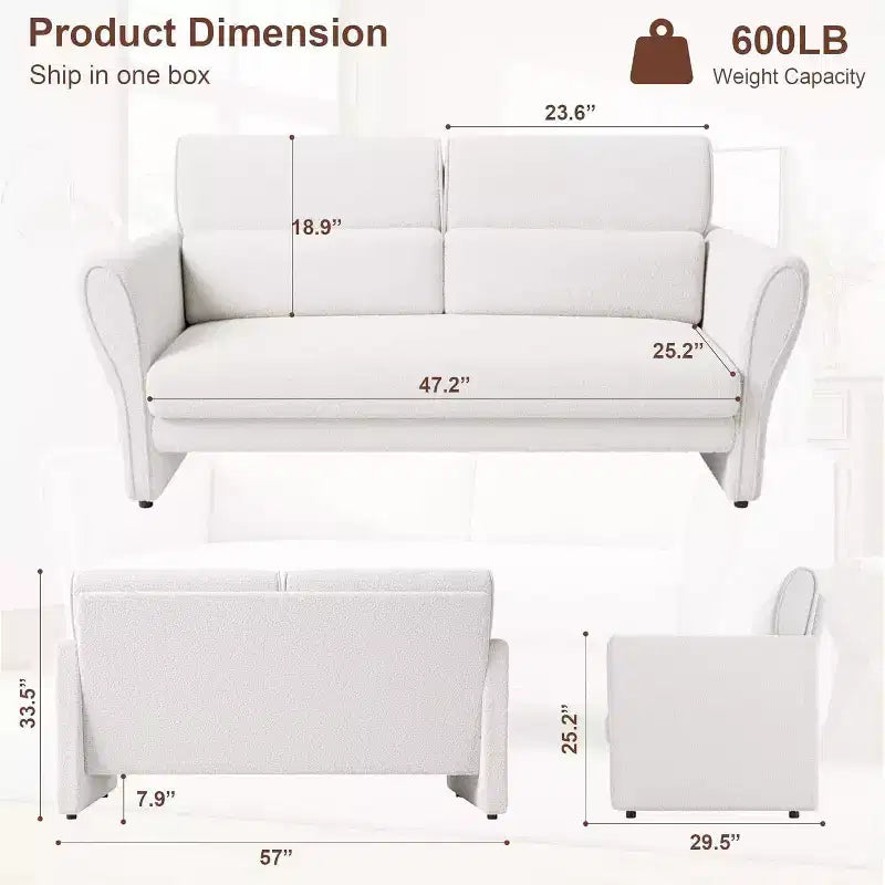 Divanetto moderno imbottito in Boucle da 57 pollici con cuscino lombare, divano a 2 posti con seduta profonda per piccoli spazi e appartamenti, beige