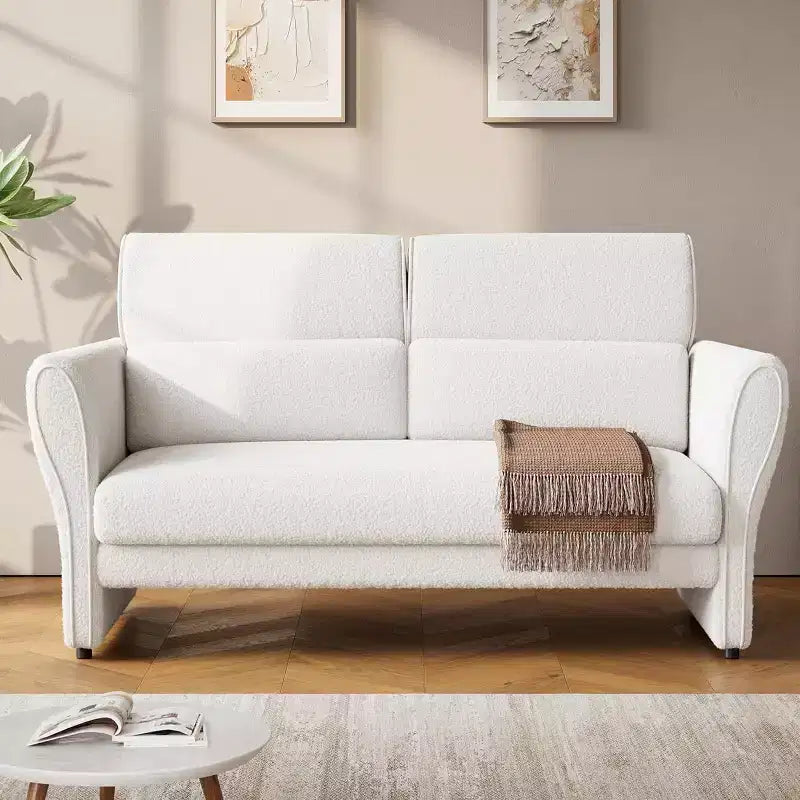 Divanetto moderno imbottito in Boucle da 57 pollici con cuscino lombare, divano a 2 posti con seduta profonda per piccoli spazi e appartamenti, beige