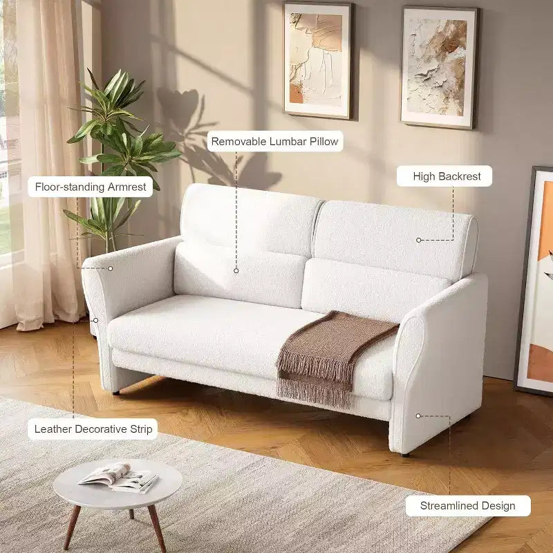 Divanetto moderno imbottito in Boucle da 57 pollici con cuscino lombare, divano a 2 posti con seduta profonda per piccoli spazi e appartamenti, beige