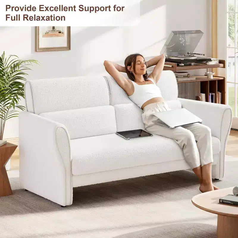 Divanetto moderno imbottito in Boucle da 57 pollici con cuscino lombare, divano a 2 posti con seduta profonda per piccoli spazi e appartamenti, beige