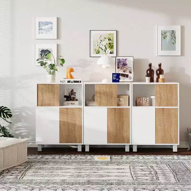 Mobile contenitore moderno in legno con ante scorrevoli e ripiani regolabili, Credenza da pavimento per bagno, soggiorno o piccoli spazi