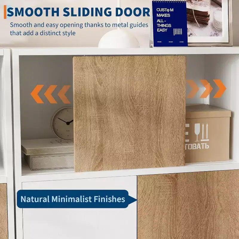 Mobile contenitore moderno in legno con ante scorrevoli e ripiani regolabili, Credenza da pavimento per bagno, soggiorno o piccoli spazi