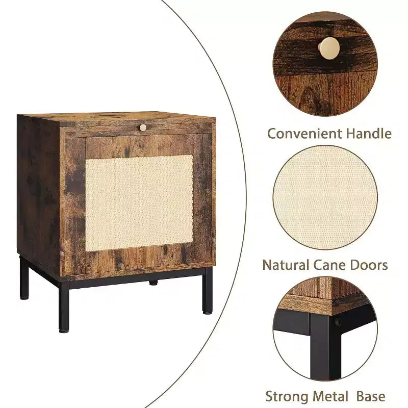 Set di 2 tavolini in rattan in stile rustico con armadietto contenitore, tavolino da comodino o divano per camera da letto o soggiorno, marrone e nero