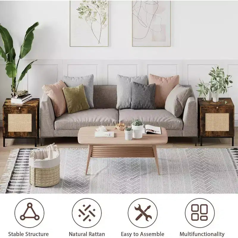 Set di 2 tavolini in rattan in stile rustico con armadietto contenitore, tavolino da comodino o divano per camera da letto o soggiorno, marrone e nero