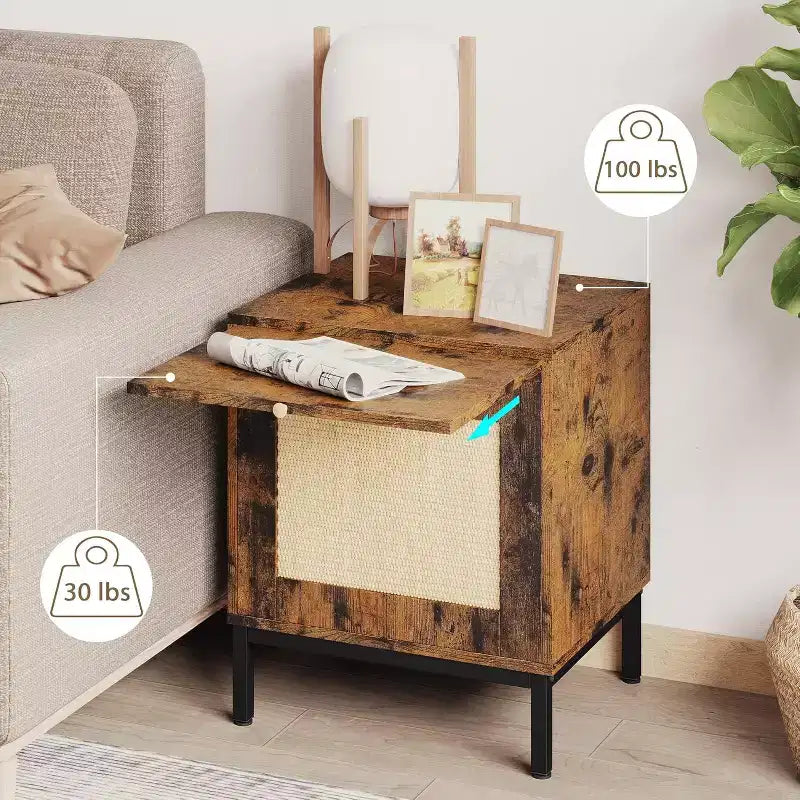 Set di 2 tavolini in rattan in stile rustico con armadietto contenitore, tavolino da comodino o divano per camera da letto o soggiorno, marrone e nero