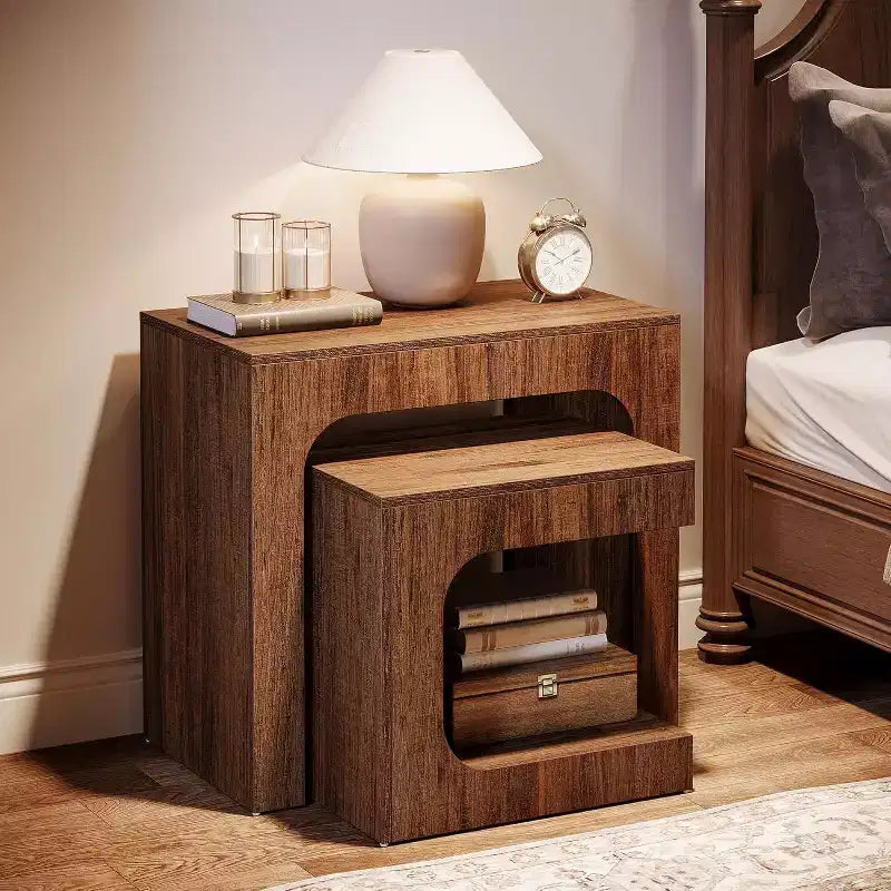 Set di tavolini a incastro Lantine, tavolino da salotto in noce, set di comodini per camera da letto, piccoli spazi, marrone