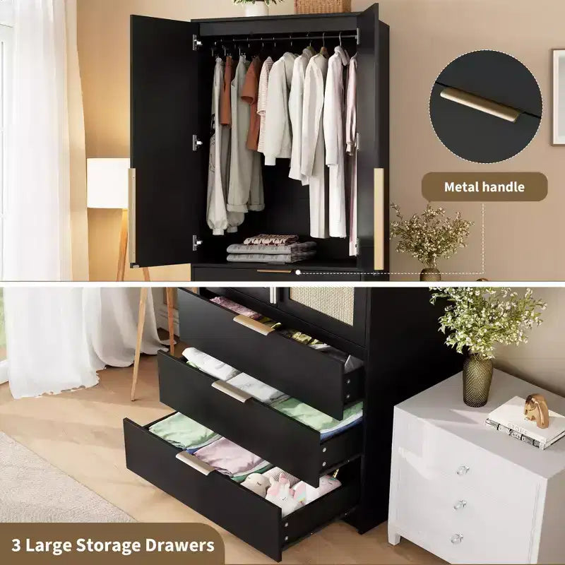 GustoWave Armadio con ante in Rattan e 3 cassetti, Armadio moderno in legno, Armadi alti per camera da letto, Resistente