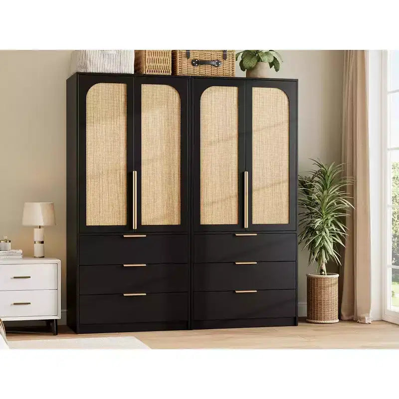 GustoWave Armadio con ante in Rattan e 3 cassetti, Armadio moderno in legno, Armadi alti per camera da letto, Resistente