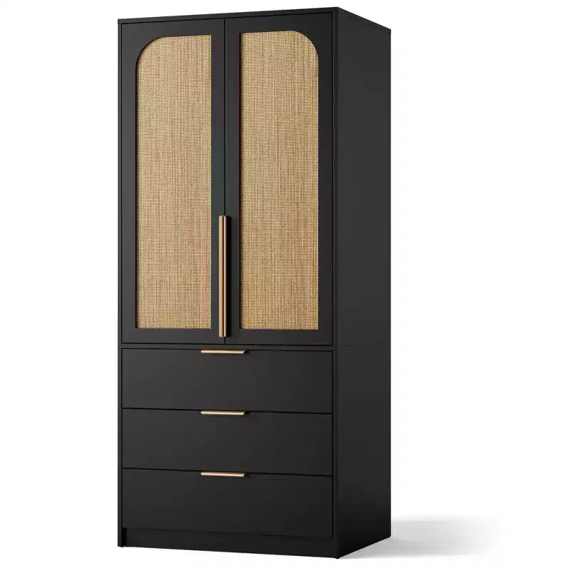 GustoWave Armadio con ante in Rattan e 3 cassetti, Armadio moderno in legno, Armadi alti per camera da letto, Resistente
